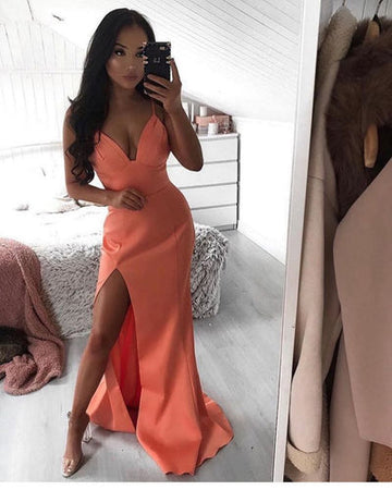 SIMPLE SPAGHETTI STRAP WATERMELON CHIC HIGH SPLIT ROM DRESS HZ1023
